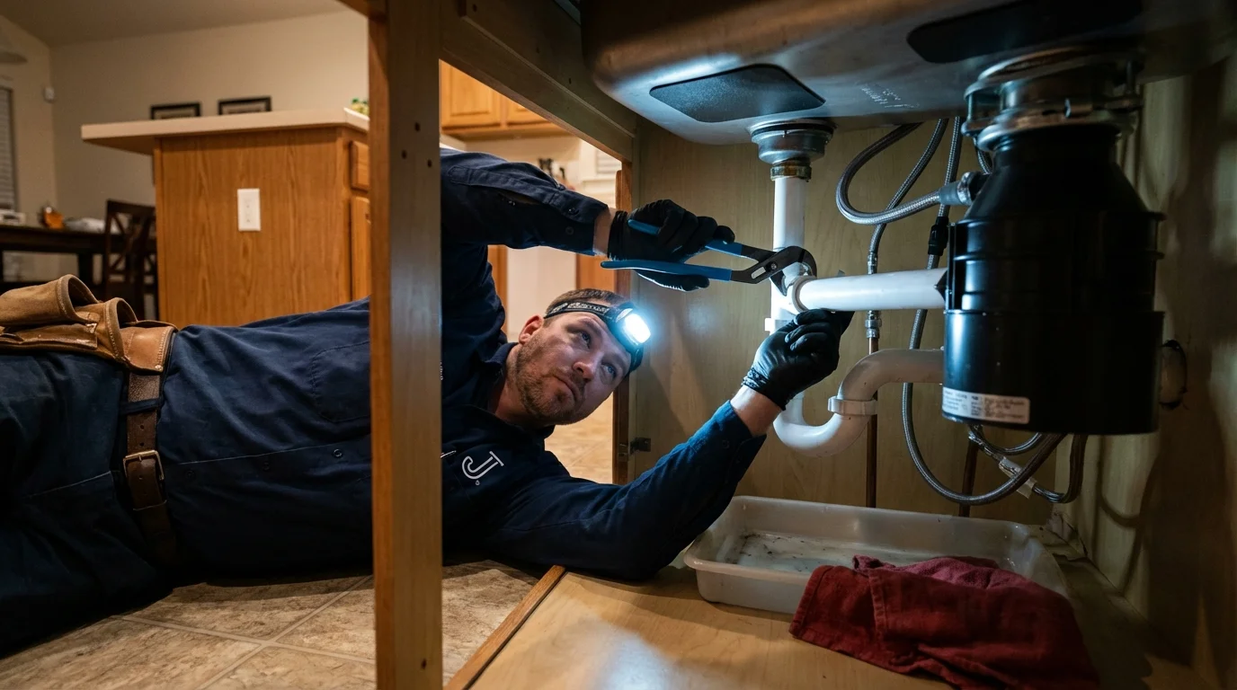 P-trap and supply line connections under a kitchen sink showing a common leak point in Pleasantville, NY